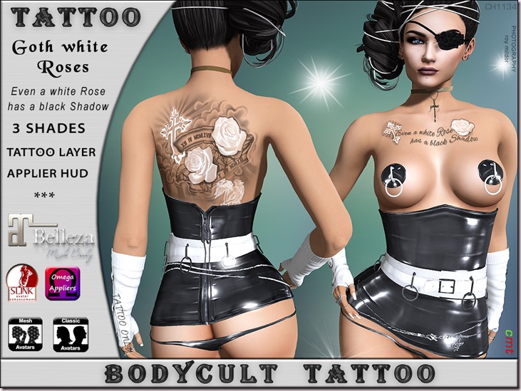 BodyCult Tattoo Goth white Roses CH1134